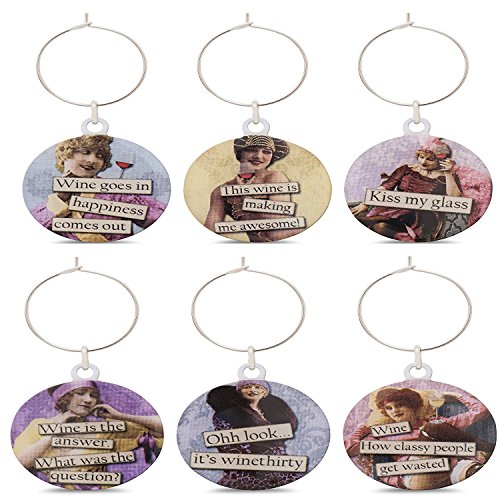 Savvy Design Store Funny Vintage Women Wine Glass Charms - Set of 6 Wine Tags. Always Know which Glass is Yours with These Wine Markers!