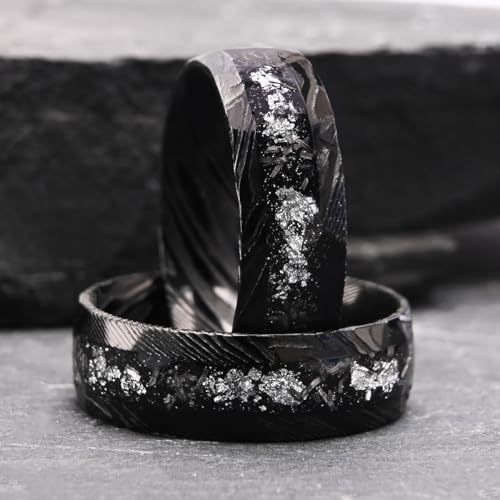 Black Damascus Steel Rings for Men Women 8mm Hammered Inlaid Silver Foil and Meteorite Men's Engagement Wedding Bands Stylish Suitable for Anniversary4