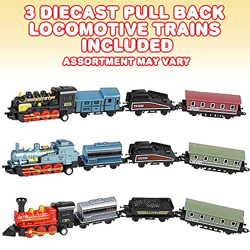 Artcreativity Mini Locomotive Train Playset For Kids, Set Of 3, Each Set With 1 Locomotive And 3 Carts, Diecast Train Toy For Boys And Girls With Pullback Motion, Great Birthday Gift #TOP1