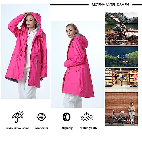 rhythm of the rain Regenjacke Damen mit Warm gefüttert Winterjacke Damen wasserdicht PU Regenmantel Friesennerz übergangsjacke mit Kapuze Rose 44