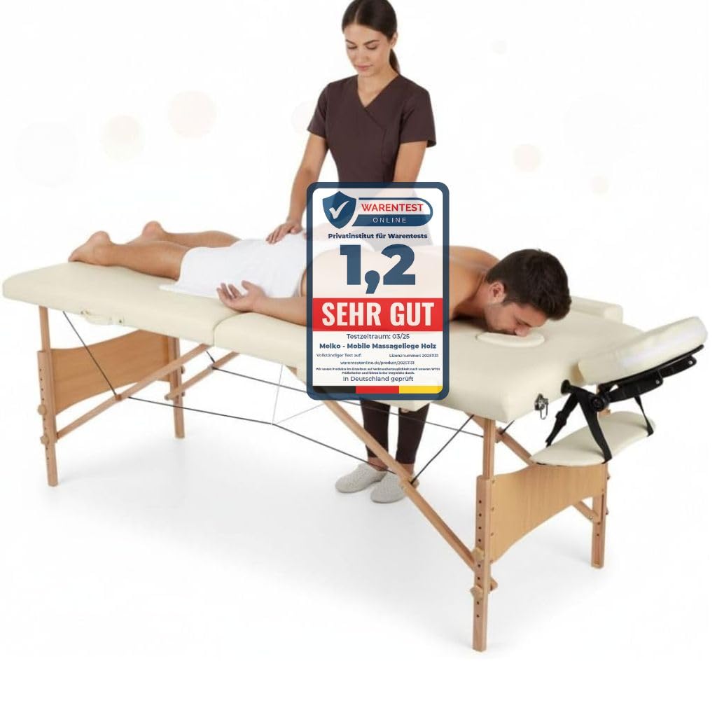 Melko Mobile Massageliege Holz Massagetisch Massagebank klappbar höhenverstellbar 3 Zonen Therapieliege Beige
