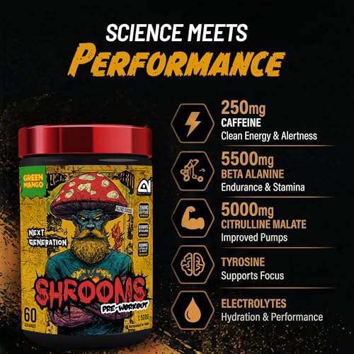 Image of Absolute Nutrition SHROOMS Pre Workout Powder (60 Servings, 500g) | With Beta Alanine, L-Citrulline DL-Malate 2:1, Cocoa Bean Extract & Bitter Orange | (Green Mango)