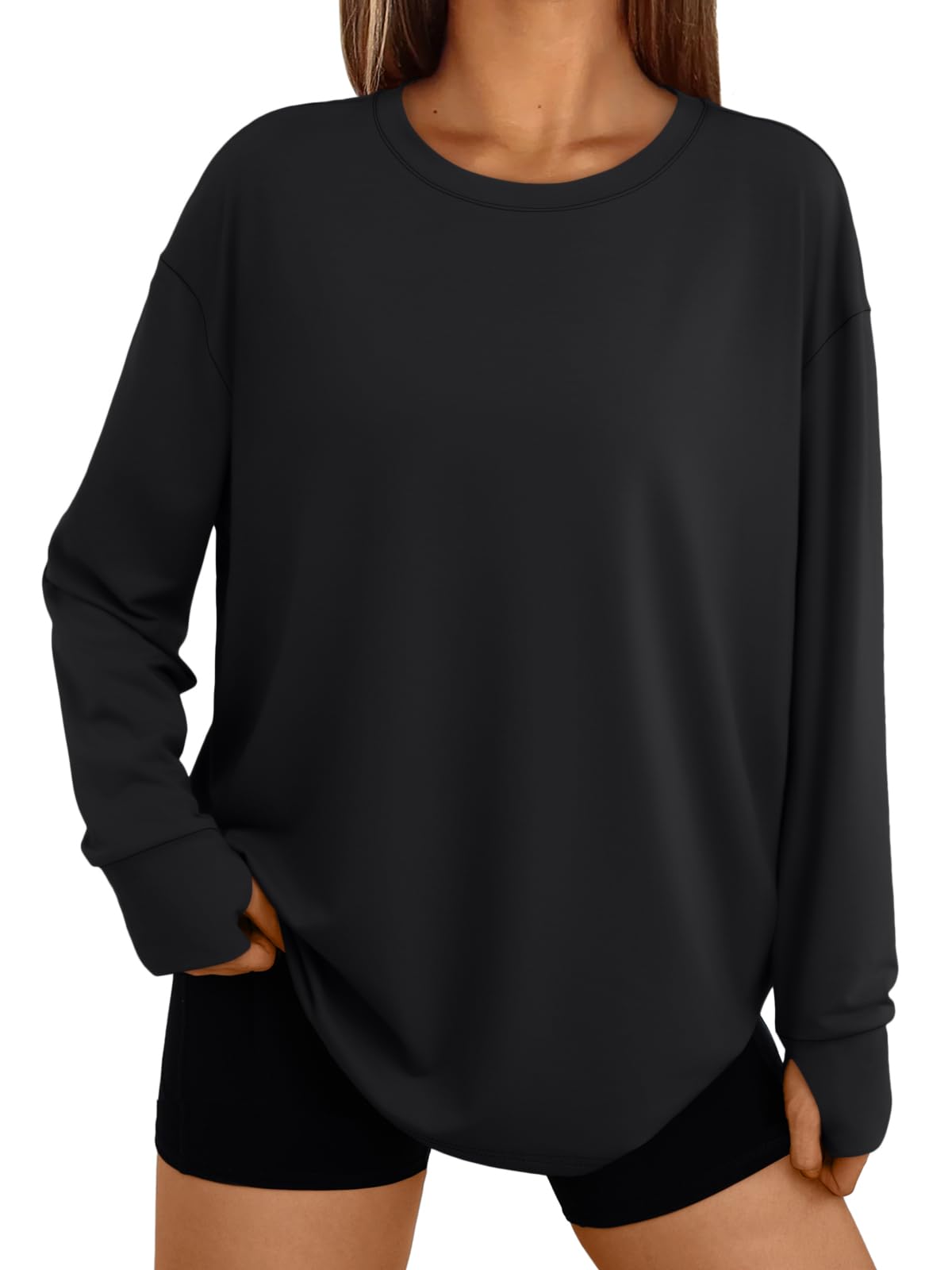 Trendy Queen Women's Oversized Thumb Hole Long Sleeve Tunic Tee, Black, M, Model TRD1643