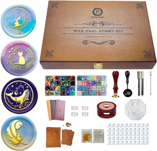 Kandar シーリングスタンプ シーリングワックス セット 【48色豪華セット】 ヘッド 蝋封 ワックス大量 手紙 招待状 祝福 告白 祝い 手紙 装飾 DIY (48色ワックスビーズ+スプーン+カラーペン+キャンドル+ワックス炉+スタンプ+透明ワックス+ゴールドワックス) 取扱説明書付き (48色-木箱)のサムネイル
