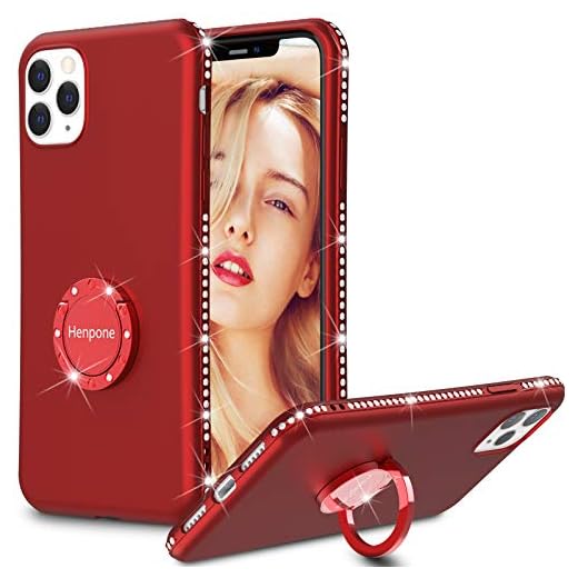 iPhone 11 Pro Case, Henpone Women Girls Cover with Kickstand Ring Holder Flash Rhinestone Diamond Sparkle Bling Glitter Cute Case for Apple iPhone 11 Pro 2019 5.8 inch - Red