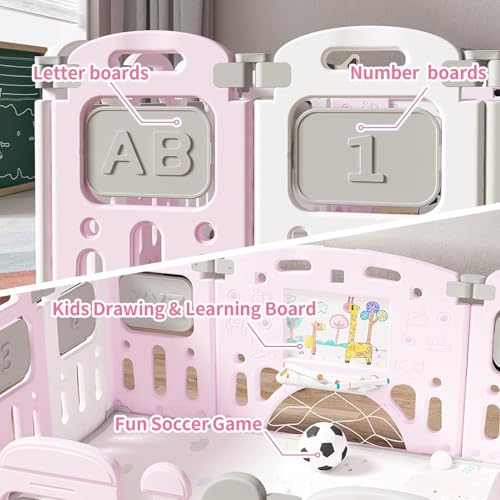 Image of Dawnwake Assembly-Free 14 Panel Playard, Baby Playpen Fence with Crawling Mat and Football for Baby Upto 8 Years with Safety Locking Door & Drawing Board (150 x 150cm, Foldable) -Pink