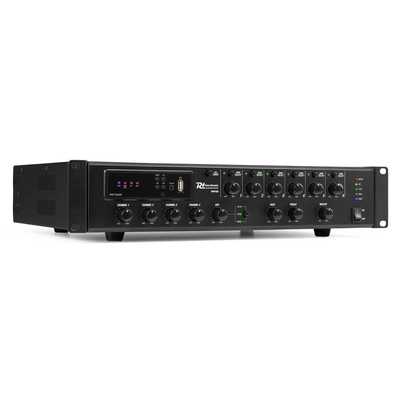 Power Dynamics PMP480 Amplificatore 100 V 6 Zone - 480 Watt, 4 canali, 70 V/100 V, 4-16 Ohm, ingresso Micro RJ45, alimentazione fantasma, ideale per suonare un negozio, centro commerciale