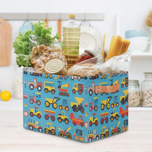 Image of Cartoon Construction Storage Baskets for Organizing, Fabric Collapsible Storage Bins Box Cars Tractors Bulldozers Decorative Toy Organizer Baskets for Closet Shelves Gift Basket 2Pcs