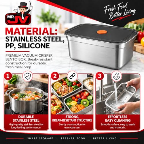 Image of MR.JV 1 Pcs 1500ML Stainless Steel Food Storage Containers with Airtight Lids, Kitchen Storage Containers for Fridge, Deep Freezer & Meal Prep, Steel Food Container with Lid, Stackable Storage Box