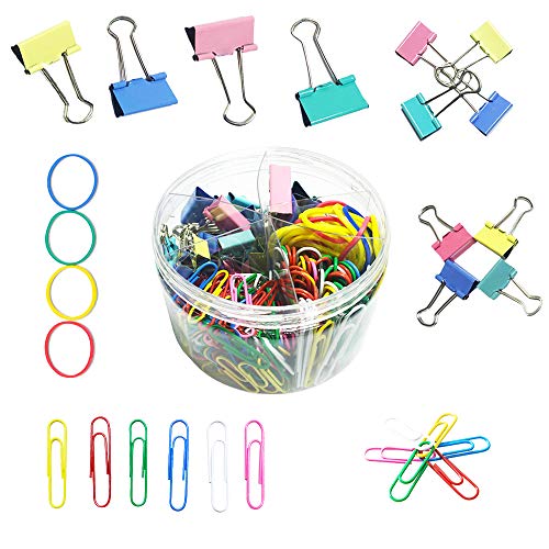 Cocostar 240 Pcs Binder Clips, 2 Sizes Assorted Muti-Colored Paper Clips, 3 Sizes Paper Clamps, Rubber Bands,Paper Binder Clips Metal Fold Back Clips with Box Assorted Colors (Colorful)
