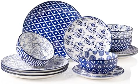 Sweejar Plates and Bowls Set for 4, 12 Pieces Handmade Ceramic Dinnerware Sets, Highly Scratch Resistant Dishes Set for Kitchen, Porcelain Dishwasher & Microwave Safe Dishes Set (Vintage Blue)