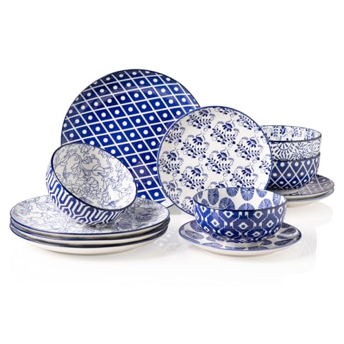 Sweejar Home Ceramic Dinnerware Sets for 4, 12 Pieces Porcelain Plates and Bowls Set, Classic Modern Simple Kitchen Dinner Dining Ware Set, Dishwasher and Microwave Safe Dishes Sets(Cobalt Blue)