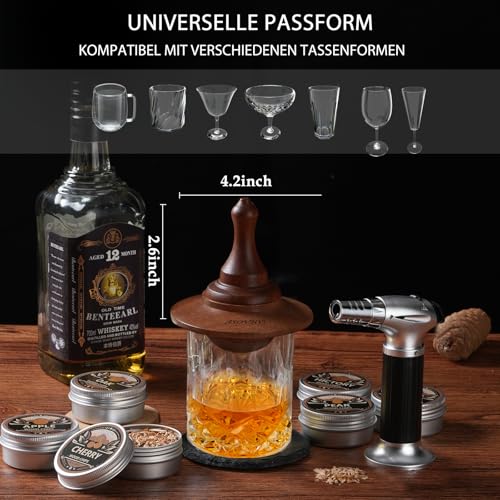 Whisky-Räucherset mit Fackel-6 Geschmacksrichtungen, Holzspäne, 2 Gläser, 6 Whiskysteine, Cocktail-Räucherset, Getränke-Räucherset, Geburtstagsgeschenke für Bourbon-Whiskey für Männer (Ebenholz)
