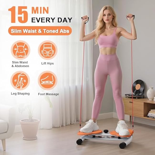 Waist Twister Machine, Ab Twister Board with Resistance Bands - 300 lbs Capacity Home Exercise Equipment for Belly Fat, Core Workout - Noiseless & Anti-Slip for Women/Men