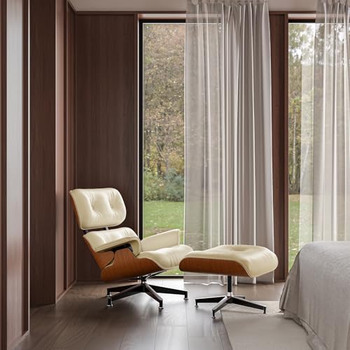 Image of Top Cream White Grain Leather, Mid Century Chaise Lounge Chair and Ottoman, Modern Chair Classic Design, Walnut Wood, Heavy Duty Base Support for Living Room Office