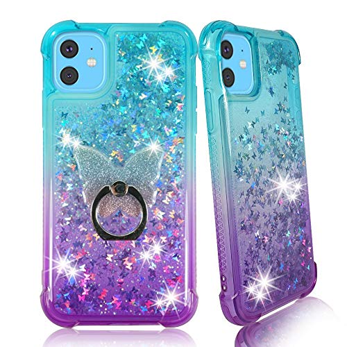 Iphone 11 6.1-Inch Clear Case, Zase Compatible For Iphone 11 Liquid Cover Cute Waterfall Floating Butterfly W/Phone Ring Stand (Gradient Aqua Purple, Iphone 11 (6.1-Inch Display))