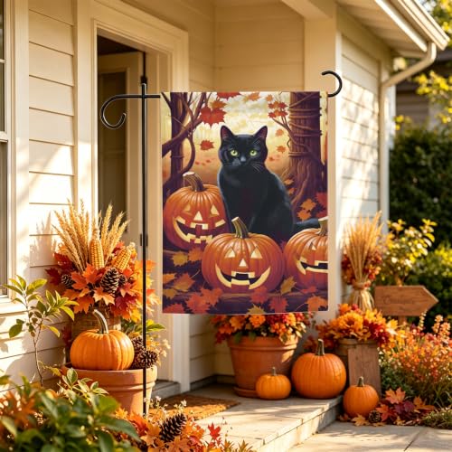 Image of Halloween Garden Flag 12x18 Inch Double Sided Black Cat Pumpkin Outdoor Yard Flag Fall Autumn Garden Decor