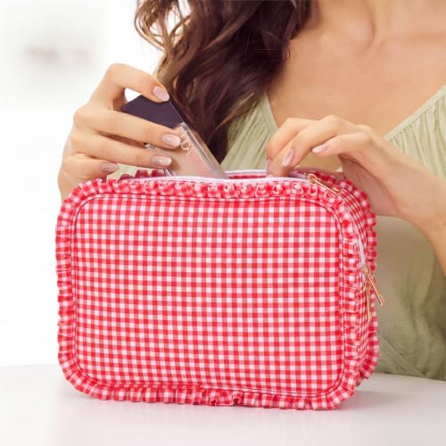 SilTriangle Red Gingham Ruffle Makeup Bag 10 x 8 x 4.5 Inches Large Ruffle Pouch Travel Cute Checkered Cosmetic Toiletry Bag with Zipper for Women Girls, Toiletry Pouch Make up Organizer Gift - 5