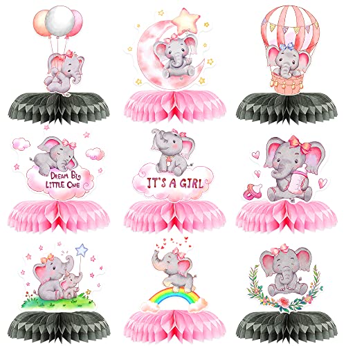 9Pcs Pink Elephant Centrpieces for Baby Shower Elephant Baby Shower Decorations for Girl Elephant Honeycomb Centerpieces