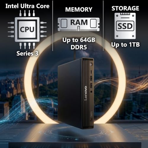 Image of Lenovo ThinkCentre M70q Gen 6, Intel Core Ultra (Beats i7-13700T), 32GB DDR5 RAM, 512GB NVMe SSD, WiFi 6E, Bluetooth, RJ-45, DP Port, HDMI, Win 11 Pro, AI Business Desktop