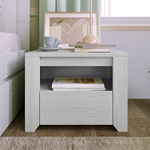 3-Piece Bedroom Set Twin Size Wood Platform Bed Frame With Storage Drawer, One Nightstands, One 5-Drawer Chest, Modern 3 Pieces Bedroom Sets For Kids Boys Girls Teens, Off White #TOP6