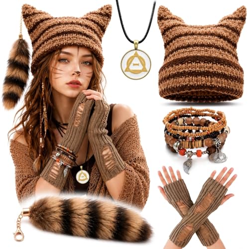 Therian Therian Stuff Gear Set 5 Pcs Y2K Fairy Grunge Accessories Kit with Therian Necklace Beanie Tail Arm Bracelets Brown