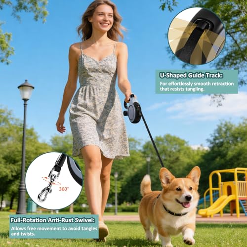 Wysuwana smycz dla psa 8 m, jednoręczny system hamulcowy Quick Lock, nieplączący się obrót o 360°, wysuwana smycz mocna nylonowa taśma dla psów M/L do 50 kg