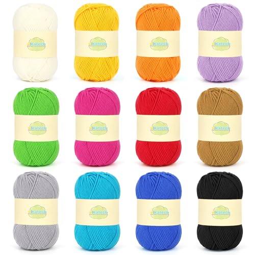 Image of Katech Milk Cotton Yarn for Crocheting, 60% Cotton 40% Acrylic-Starter Kit | 12*50g /147yd-3 DK-Soft Combed Cotton Yarns for Baby & Beginner-No Split, Multicolor Yarn Set for Blankets & Colorful Crafts