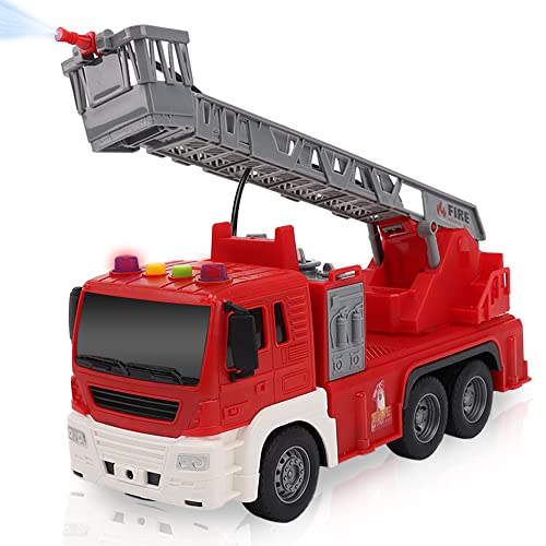 ArtCreativity Light Up Ladder Fire Truck, Red Firetruck Toys for Kids with Lights, Sounds, Water-Spraying Hose, and Extendable Ladder, Light-Up Push and Go Firefighter Toys for Kids, Great Gift Idea