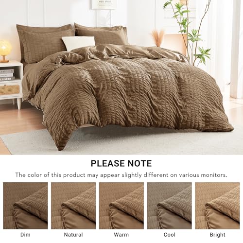 Image of HYMOKEGE Brown Full Size Comforter Sets Seersucker 7 Pieces, All Season Luxury Bed in a Bag for Bedroom, Bedding Set with Comforter, Sheets, Pillowcases & Shams
