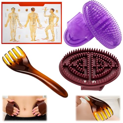 3PCS Meridian Brush, Massage Brush Set with Acupoint Chart, Body Brush for Lymphatic Drainage and Dry Brushing, Back Comb Brush for Muscle Tension Relief, Home Relaxation and Spa Treatments