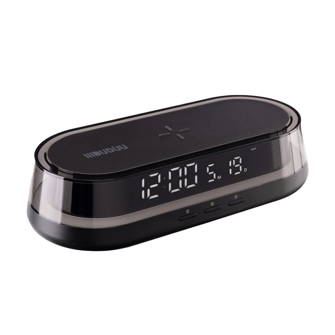 Rainbow Stazione da Comodino Multifunzione con Lampada LED RGB, Orologio Digitale, Sveglia, Temperatura e Ricarica Wireless Qi 15W, Display LED USB-C (Nero)