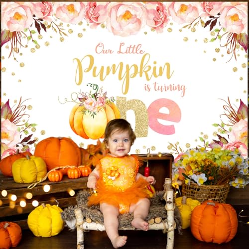 Avezano Pumpkin 1st Birthday Backdrop Our Little Pumpkin is Turning One Decorations 8 x 6 ft Fall Girl First Birthday Banner Background by Avezano - Image 3