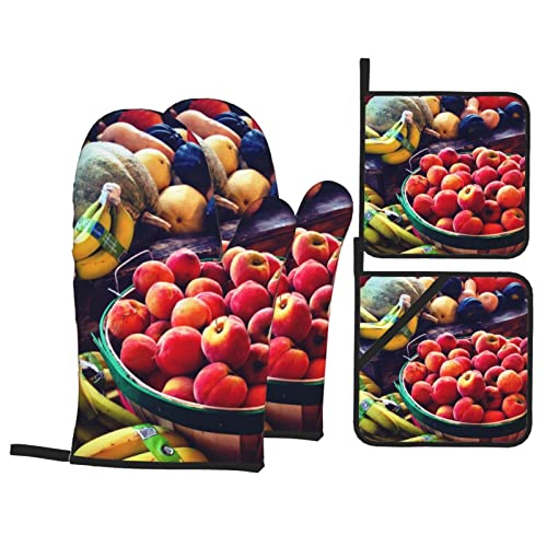 Fruits Pattern Print Oven Mitts Potholders Set Heat Resistant Oven Mitts Gloves Potholder For Cooking Grilling (4-Piece Set) #TOP14