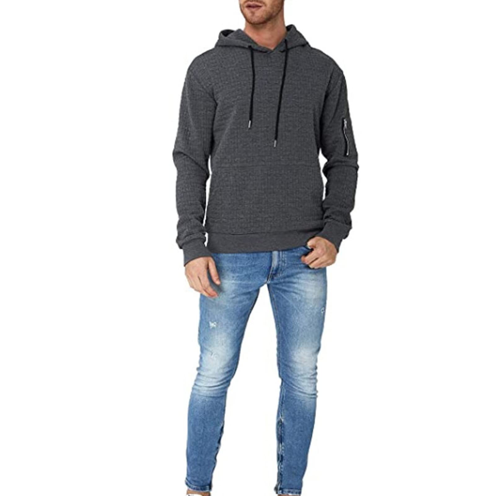 Maiyifu-GJ Men's Plaid Jacquard Pullover Hoodies Long Sleeve Gym Hooded Sweatshirts Casual Drawstring Hoodie with Pocket (Dark Grey,Medium)