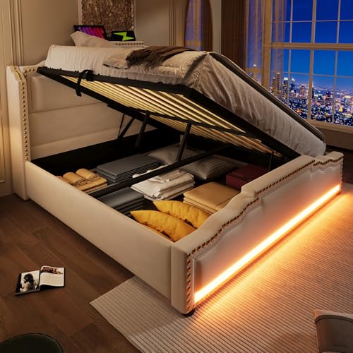 Cama tapizada, 140 x 200 cm, terciopelo, beige, cama doble con almacenamiento hidráulico, iluminación LED y puerto de carga USB-C, cama de almacenamiento y cama juvenil con somier, sin colchón