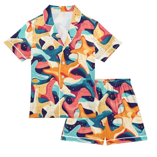 ALAZA Colorful Cartoon Starfish Satin Pajamas Set Short Sleeve Button Down Sleepwear Summer Pjs 2 Piece