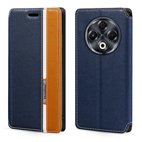 Shantime Funda Tipo Libro de Piel Sintética con Rayas Compatible con Tecno Camon 30 Loewe 4G, Cierre Magnético Oculto, Ranura y Diseño a Contraste(Azul)