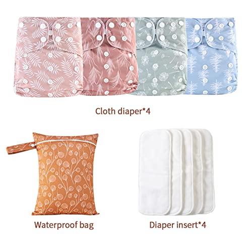 Image of HappyFlute 9 Sets Newborn Baby Cloth Pocket Diapers One Size Adjustable Reusable for Baby Boys and Girls(6-33 pounds,0-3 Years),One Wet Bag+4Diapers and 4Inserts