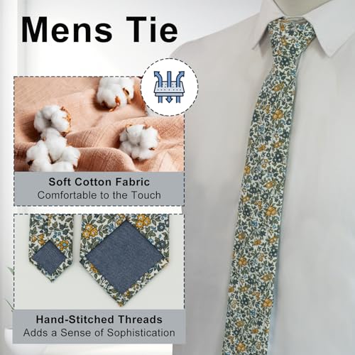 Image of Luckyvestir Ties for Men, Sage Green Cotton Floral Tie 2.76 inch Flower Printed Men's Neckties for Wedding /Groomsmen /Suit /Party