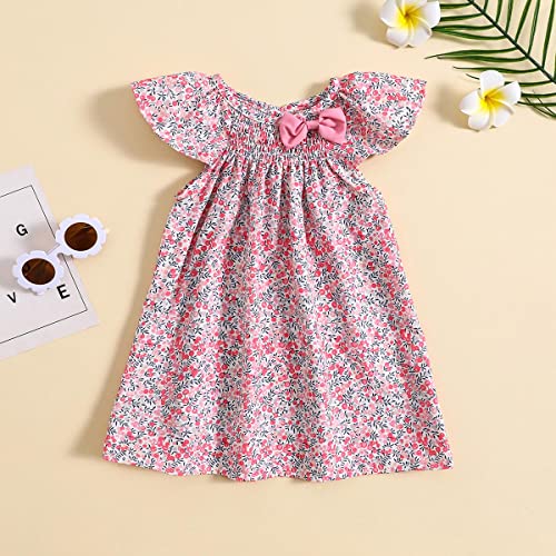 Kids Baby Girls Casual Dress Toddler Bowknot Floral Dress Wildflower Flutter Sleeve Sundress Summer Princess Dress(Pink,5-6T(130)) #TOP1