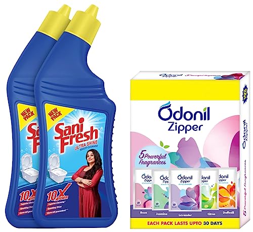 Image of Sanifresh Toilet Cleaner, 1L (pack of 2) Odonil Zipper - 50gm (10g x5) | Air Freshener - Bathroom and Toilet