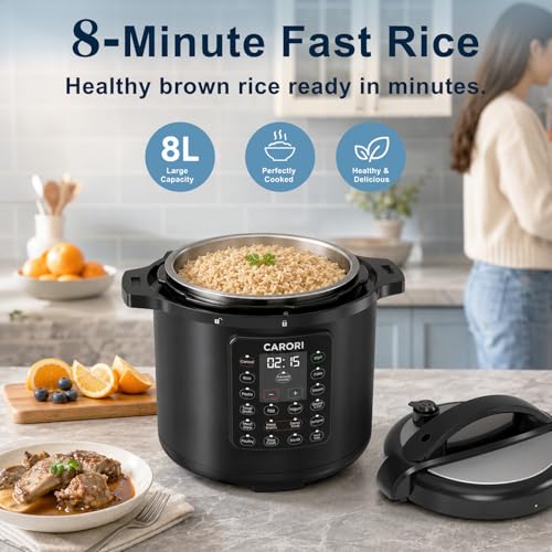 Image of 8Qt Electric Pressure Cooker 12-in-1, 1200W Stainless Steel Multi-Cooker, Slow Cook, Rice Cook, Steamer, Saute, Yogurt Maker, Warmer & Sterilizer, Safer Venting Design with Recipe Book, Black