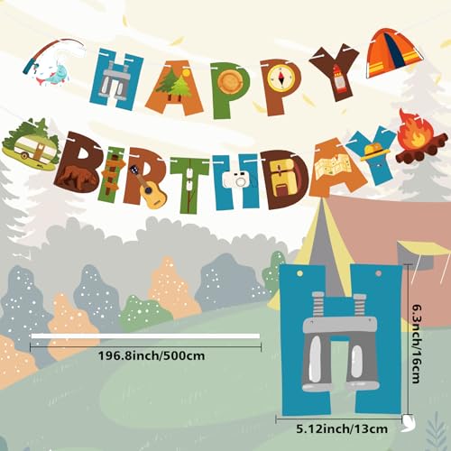 Image of Camping Happy Birthday Banner Camper Birthday Party Decoration Fun House Banner with Campfire Tent Oil Lamp Adventure Camping Birthday Party Decoration for Kids Boys Girls Outdoor Yard Campsite Decor
