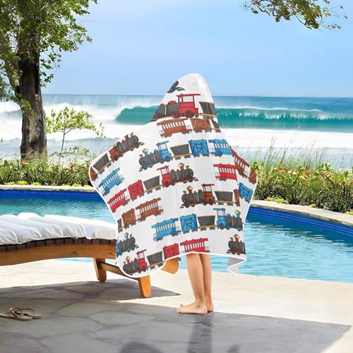 Image of Kids Beach Towel for Boys Girls, Cartoon Trains Bath Towel Wrap, Baby Hooded Towels, Toddler Soft Pool Swim Towels