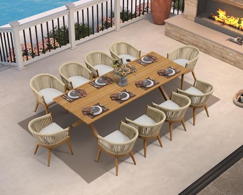 Image of PURPLE LEAF 11 Pieces Outdoor Dining Set with Patio Aluminium Dining Table and Wicker Chairs Modern Furniture Cushions Sets for Backyard Indoor Decor Kitchen Teak