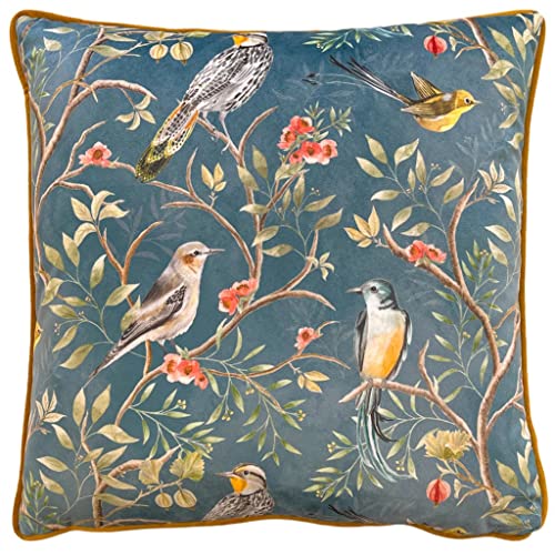 furn. Wylder Tropics Orient Cushion Cover – Velvet Chinoiserie Birds Floral Design (Slate Blue – 43 x 43 cm)