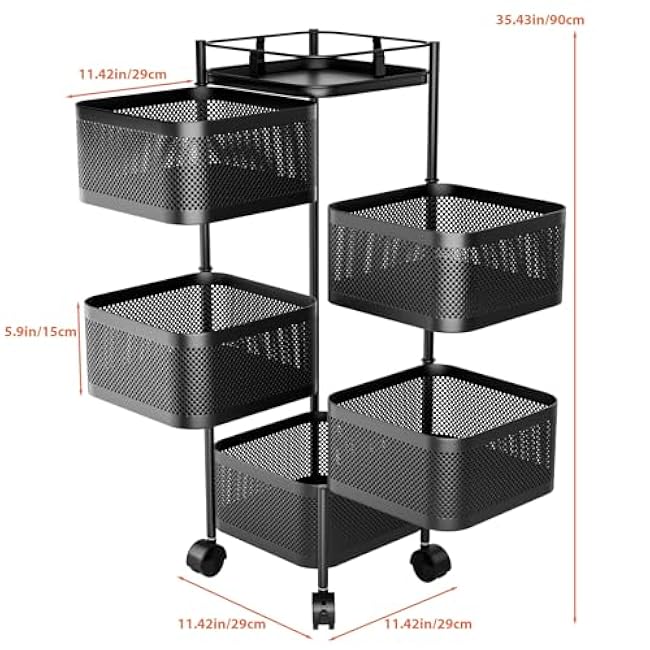 Kitchen Storage Cart, 5-Layer Kitchen Trolley on Wheels, Kitchen Rotating Trolley, Fruit Vegetable Storage Baskets Organizer, Metal Wire Shelf with Top Lid for Living Room, Kitchen Black 5-Layers-A9fkFKxU