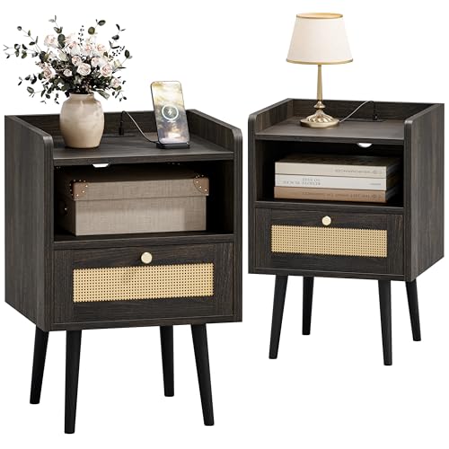 Image of MECHYIN Night Stand Set 2, Nightstands Set of 2 with Charging Station, Rattan Side Tables with Solid Wood Legs, Boho Bedside End Table for Apartment Bedroom Dorm Small Space