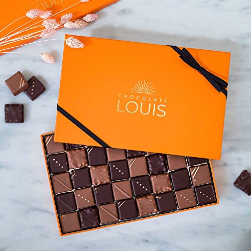 CHOCOLATS LOUIS Coffret de 40 Pralinés au Chocolat Noir et Lait | 340g | Fabrication Française Artisanale de Qualité 100% pur Beurre de Cacao | Assortiment de Chocolats à Offrir ou Partager …